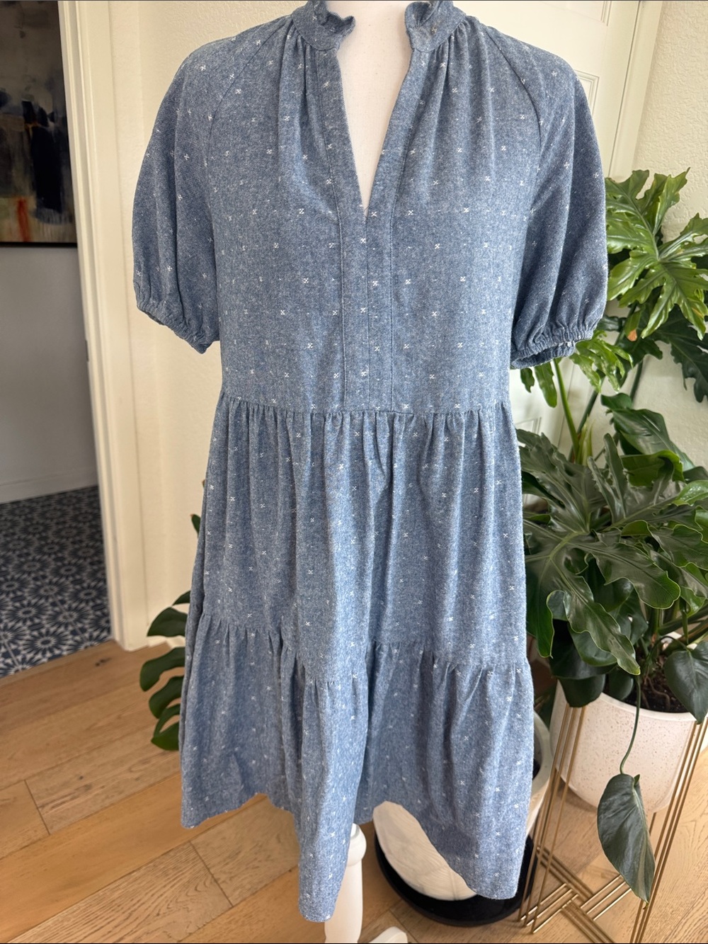 Spring Babydoll CeCe Blue Tiered Dress with Puff Sleeves Size Small 100% Cotton